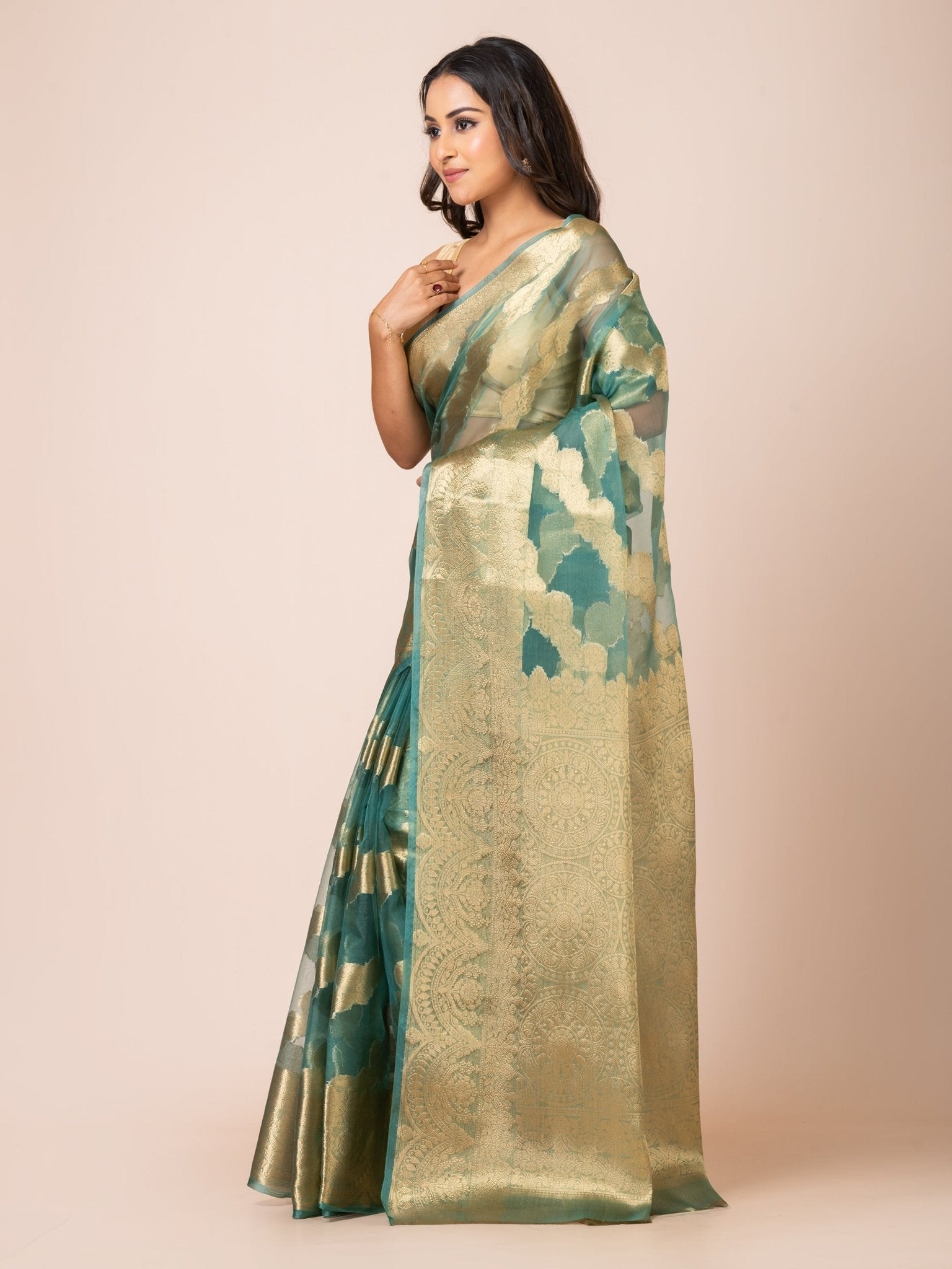 KAVVYA SOFT & LIGHT WEIGHT EMERALD GREEN ORGANZA SILK WEAVING SAREE - KAVVYA