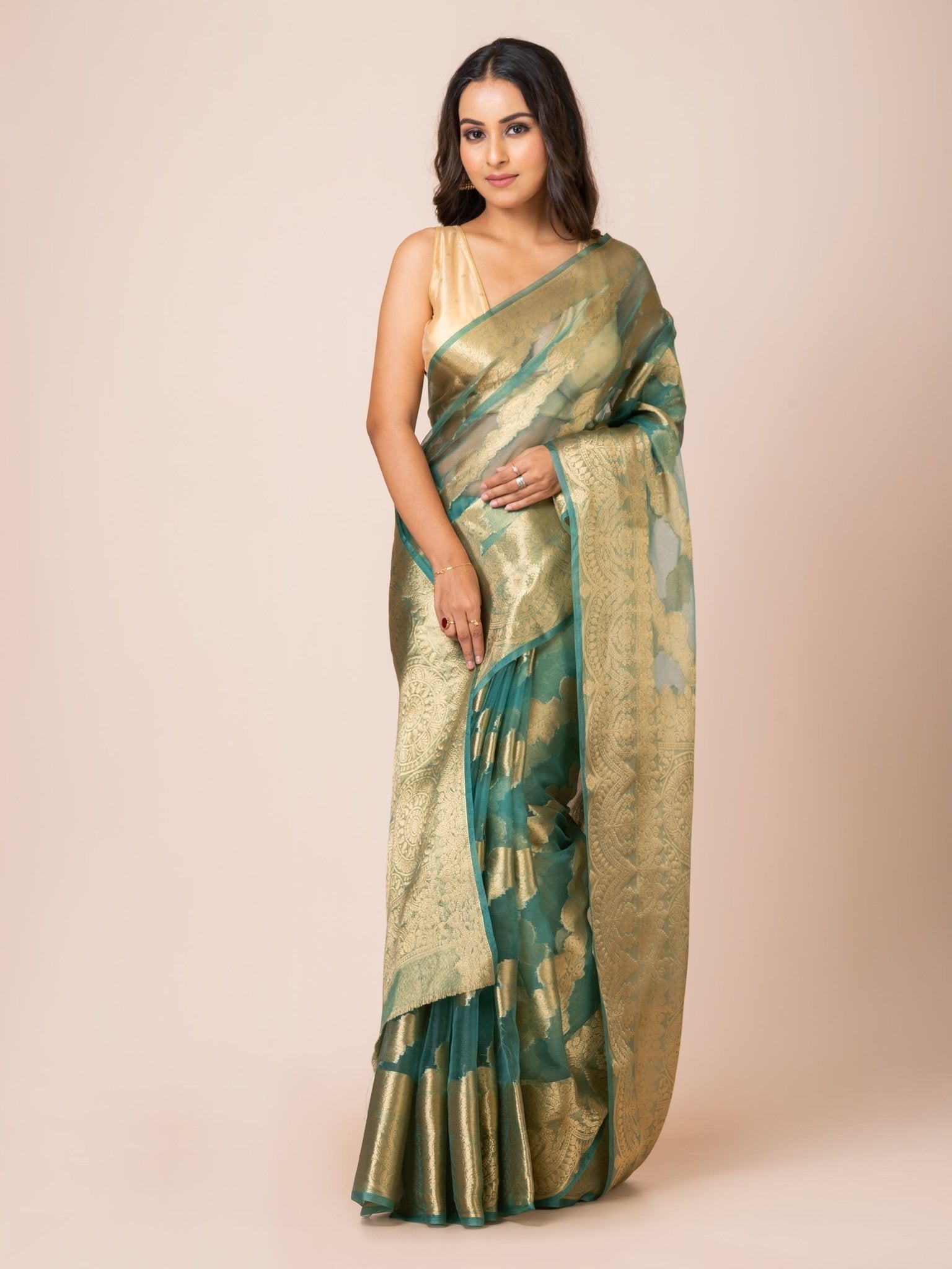 KAVVYA SOFT & LIGHT WEIGHT EMERALD GREEN ORGANZA SILK WEAVING SAREE - KAVVYA