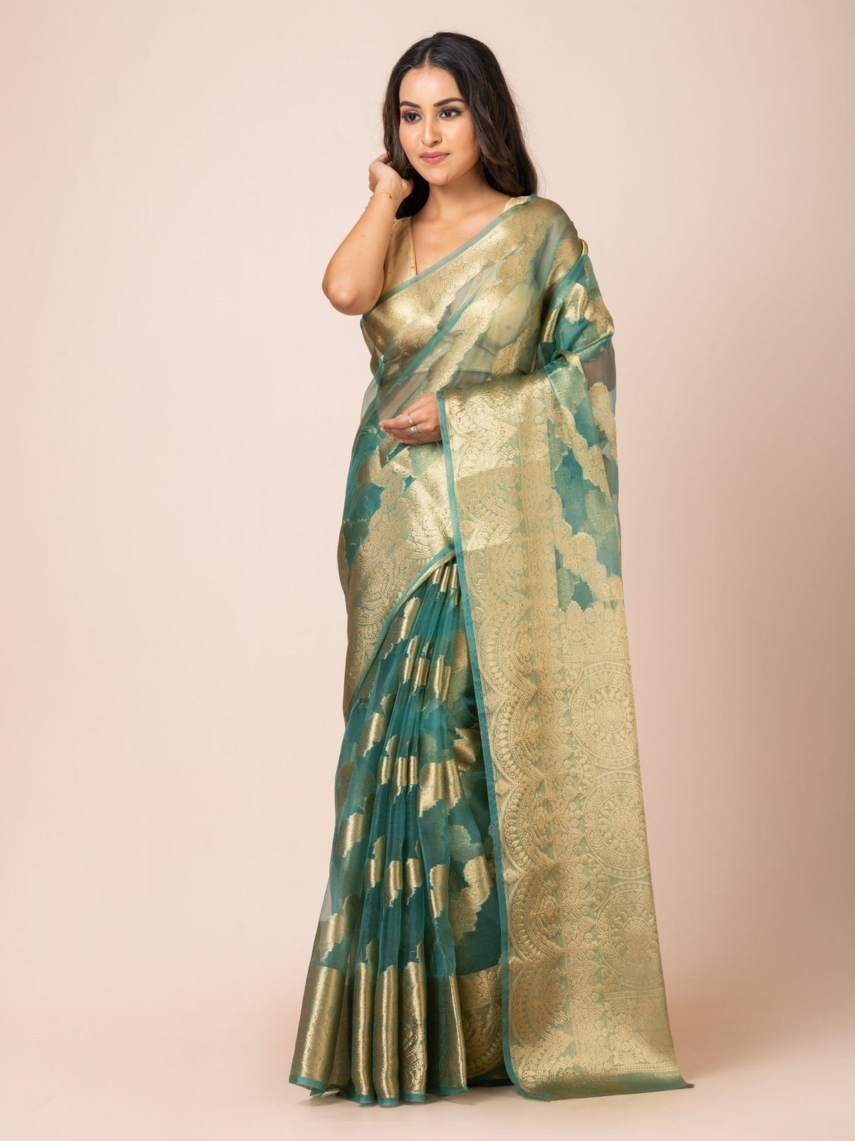 KAVVYA SOFT & LIGHT WEIGHT EMERALD GREEN ORGANZA SILK WEAVING SAREE - KAVVYA