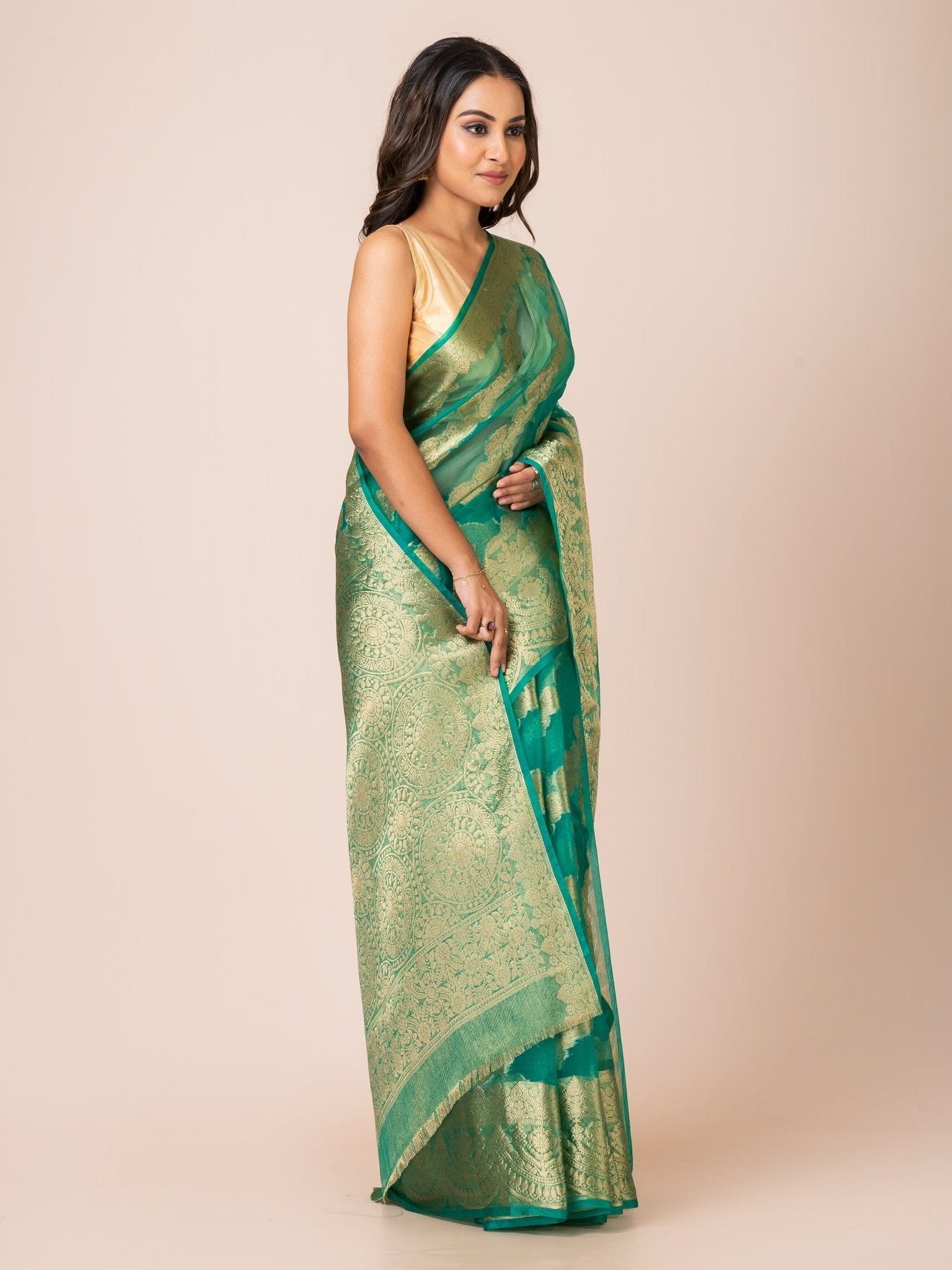 KAVVYA SOFT & LIGHT WEIGHT GREEN ORGANZA SILK WEAVING SAREE - KAVVYA