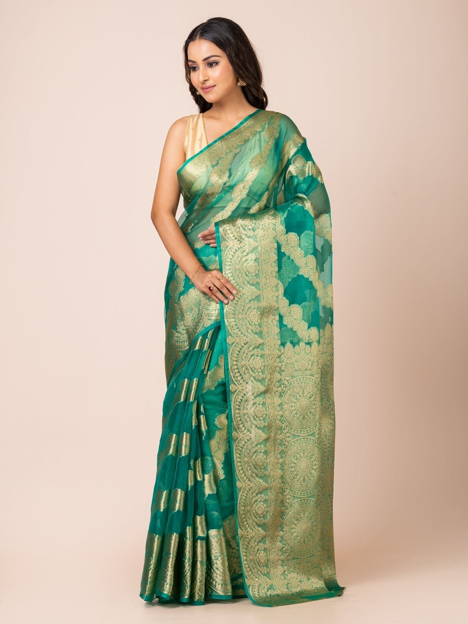 KAVVYA SOFT & LIGHT WEIGHT GREEN ORGANZA SILK WEAVING SAREE - KAVVYA