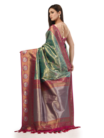 KAVVYA Green Soft & Lightweight Weaving Tissue Silk Saree Golden-Silver Zari - KAVVYA 