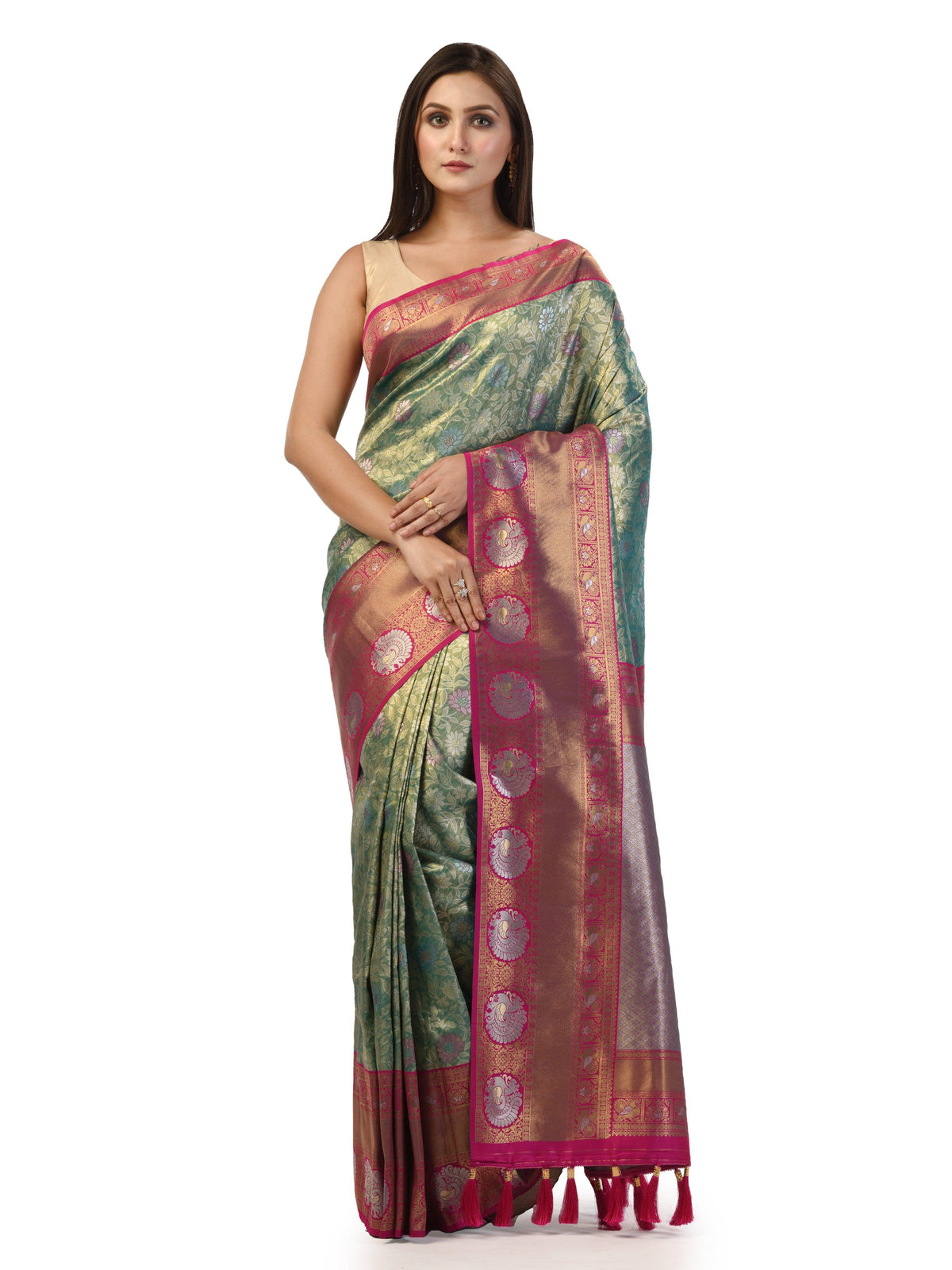 KAVVYA Green Soft & Lightweight Weaving Tissue Silk Saree Golden-Silver Zari - KAVVYA 