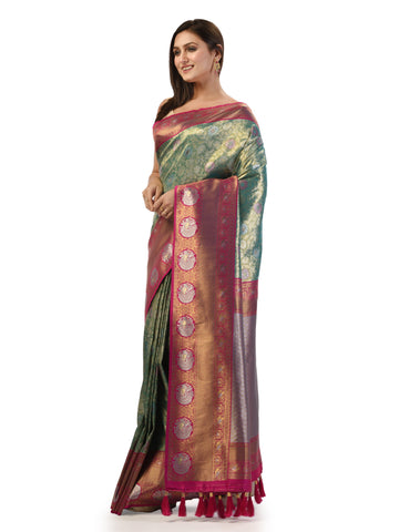 KAVVYA Green Soft & Lightweight Weaving Tissue Silk Saree Golden-Silver Zari - KAVVYA 