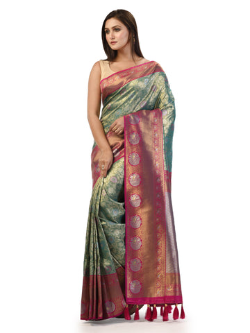 KAVVYA Green Soft & Lightweight Weaving Tissue Silk Saree Golden-Silver Zari - KAVVYA 